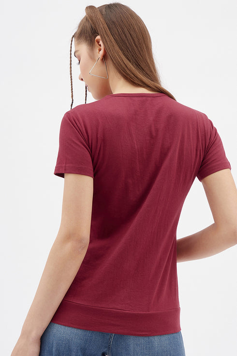 Women Maroon Round Neck Half Sleeves T-Shirt